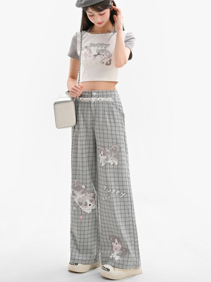 Cute Puppy Print Gray Plaid Pants