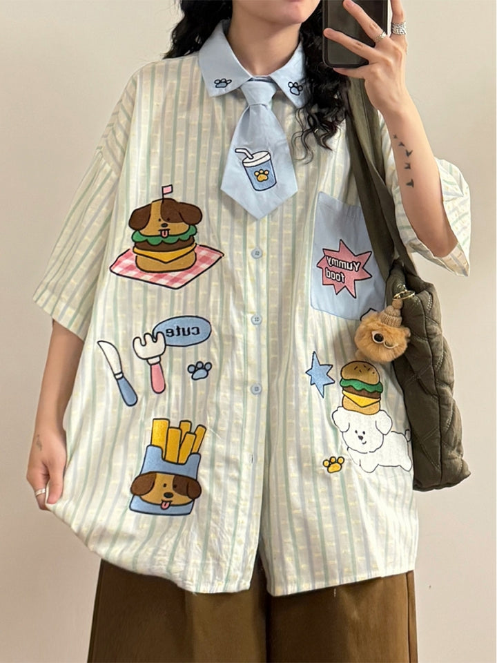 American Style Hamburger and Puppy Embroidered Vertical Striped Shirt