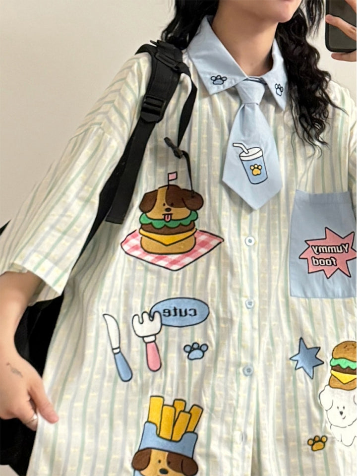 American Style Hamburger and Puppy Embroidered Vertical Striped Shirt