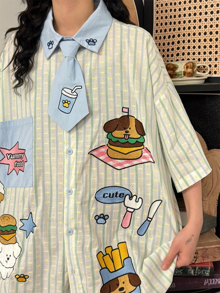 American Style Hamburger and Puppy Embroidered Vertical Striped Shirt