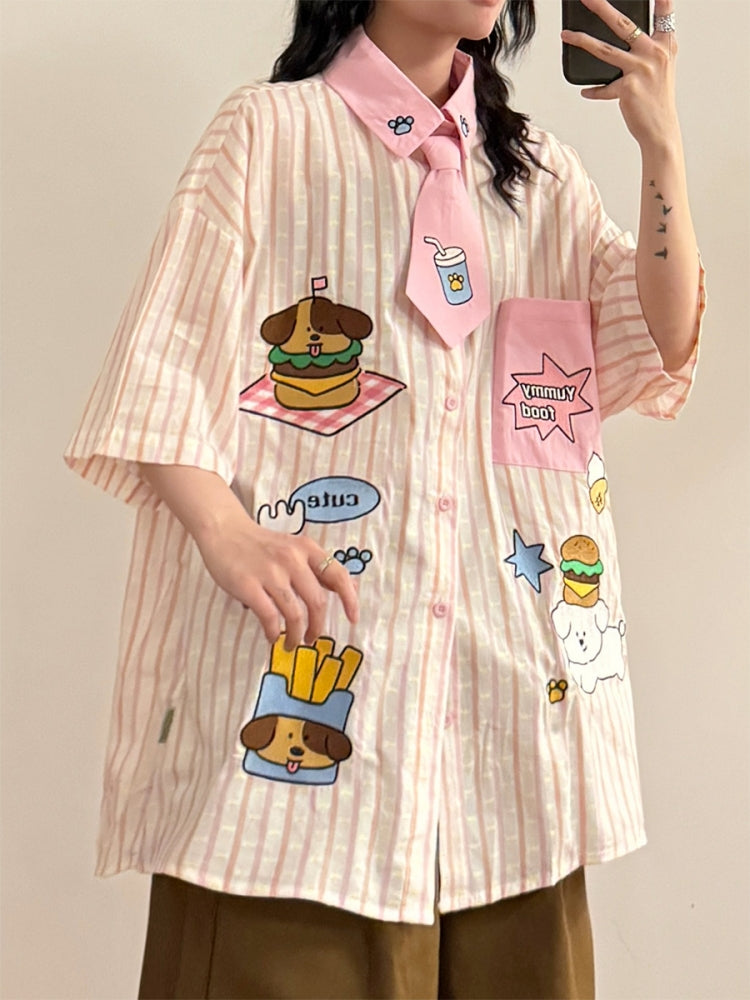 American Style Hamburger and Puppy Embroidered Vertical Striped Shirt