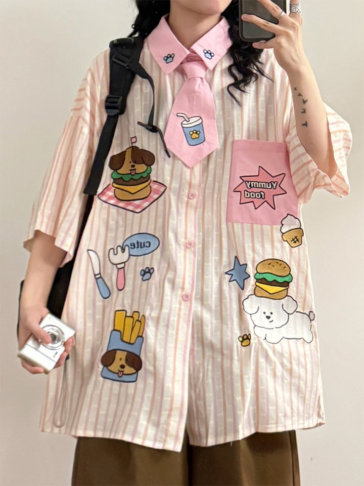 American Style Hamburger and Puppy Embroidered Vertical Striped Shirt