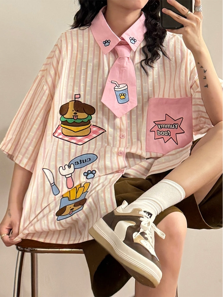 American Style Hamburger and Puppy Embroidered Vertical Striped Shirt
