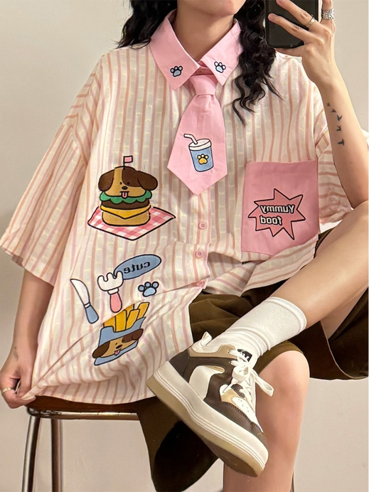 American Style Hamburger and Puppy Embroidered Vertical Striped Shirt