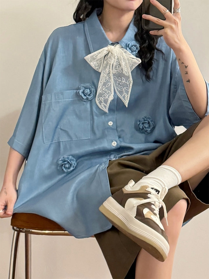 Japanese Style Loose Short-Sleeve Shirt with Floral Decorations