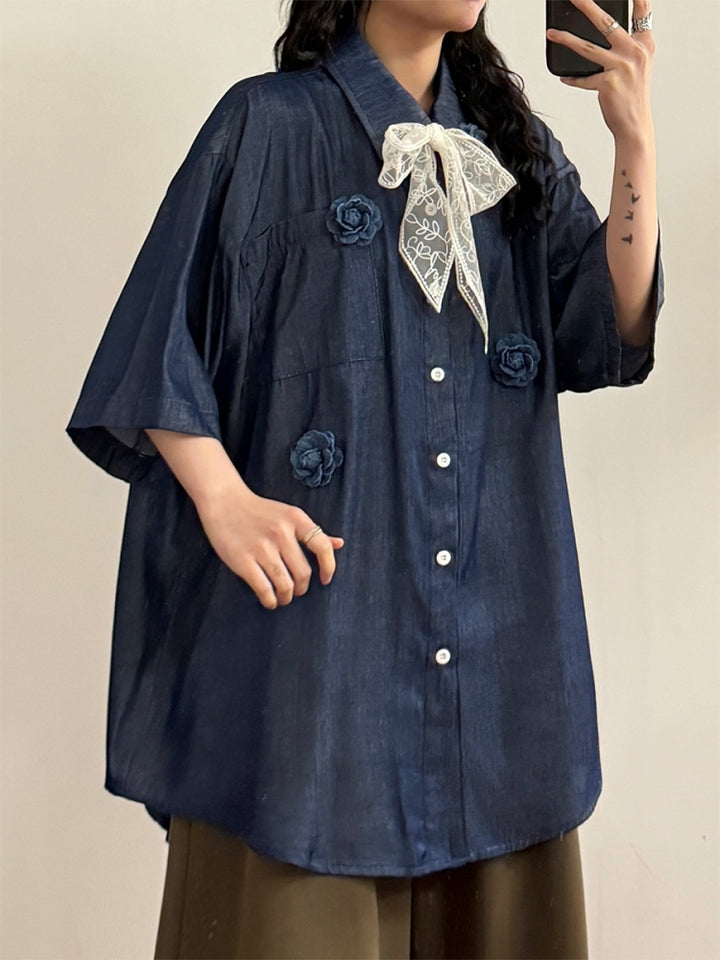 Japanese Style Loose Short-Sleeve Shirt with Floral Decorations