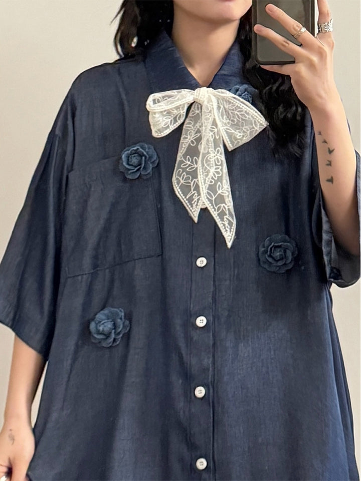 Japanese Style Loose Short-Sleeve Shirt with Floral Decorations