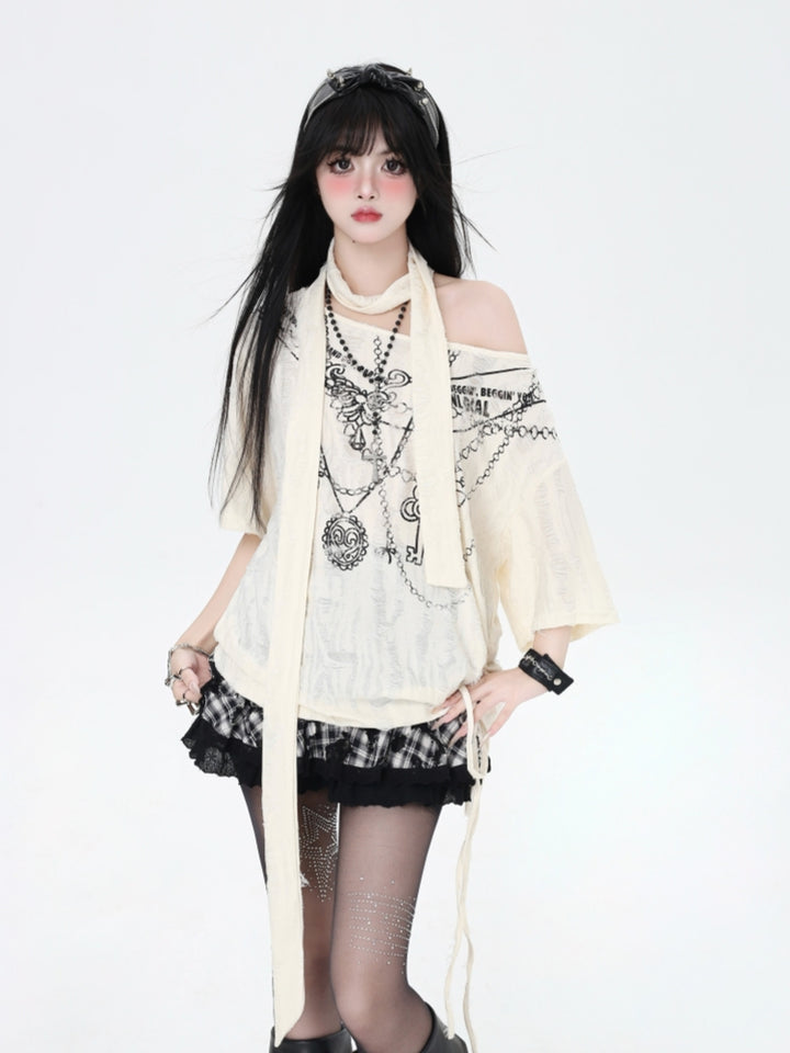 Wasteland Style Distressed Cold Shoulder Oversized Mid-Length T-Shirt