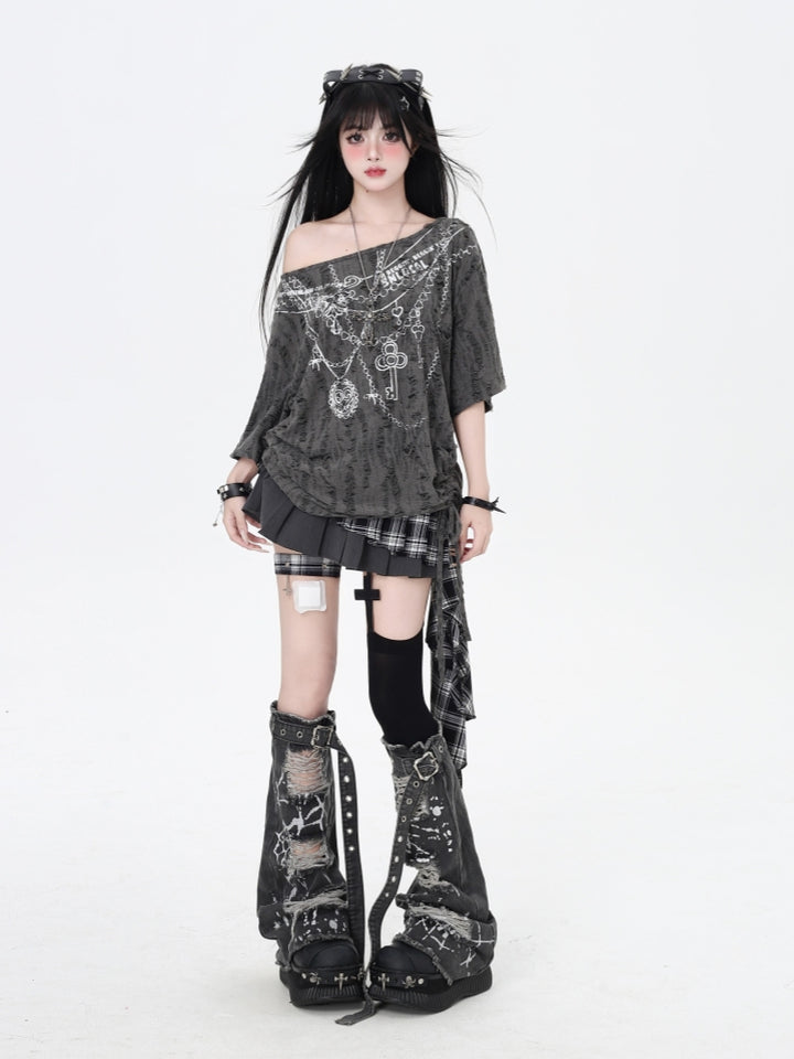 Wasteland Style Distressed Cold Shoulder Oversized Mid-Length T-Shirt