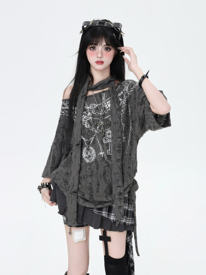 Wasteland Style Distressed Cold Shoulder Oversized Mid-Length T-Shirt