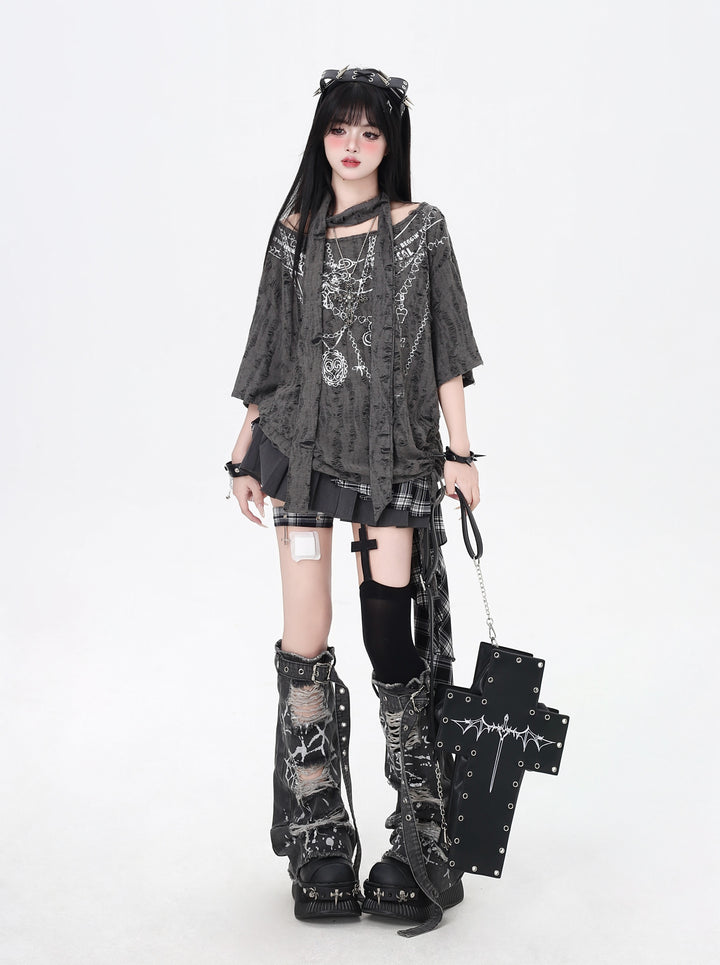 Wasteland Style Distressed Cold Shoulder Oversized Mid-Length T-Shirt