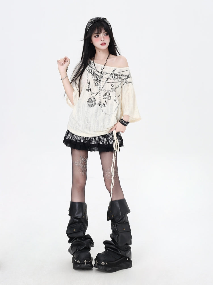 Wasteland Style Distressed Cold Shoulder Oversized Mid-Length T-Shirt