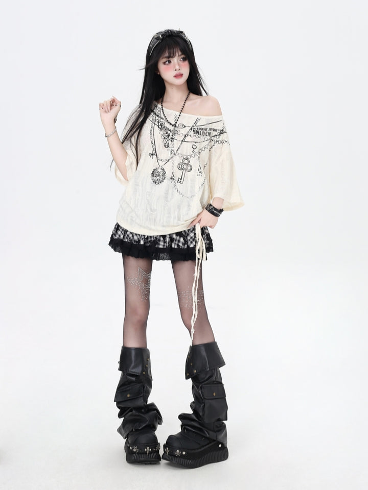 Wasteland Style Distressed Cold Shoulder Oversized Mid-Length T-Shirt
