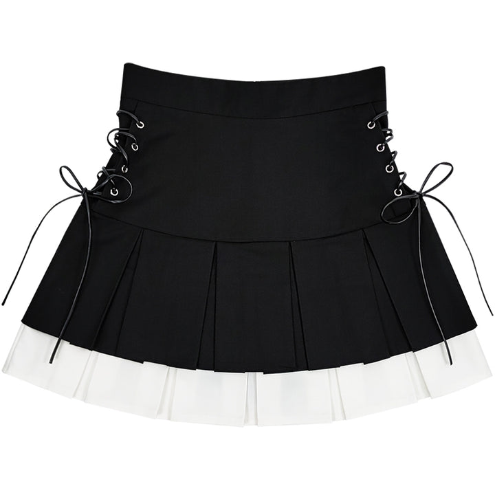 Double-Layer Colorblock Tie-Up Skirt