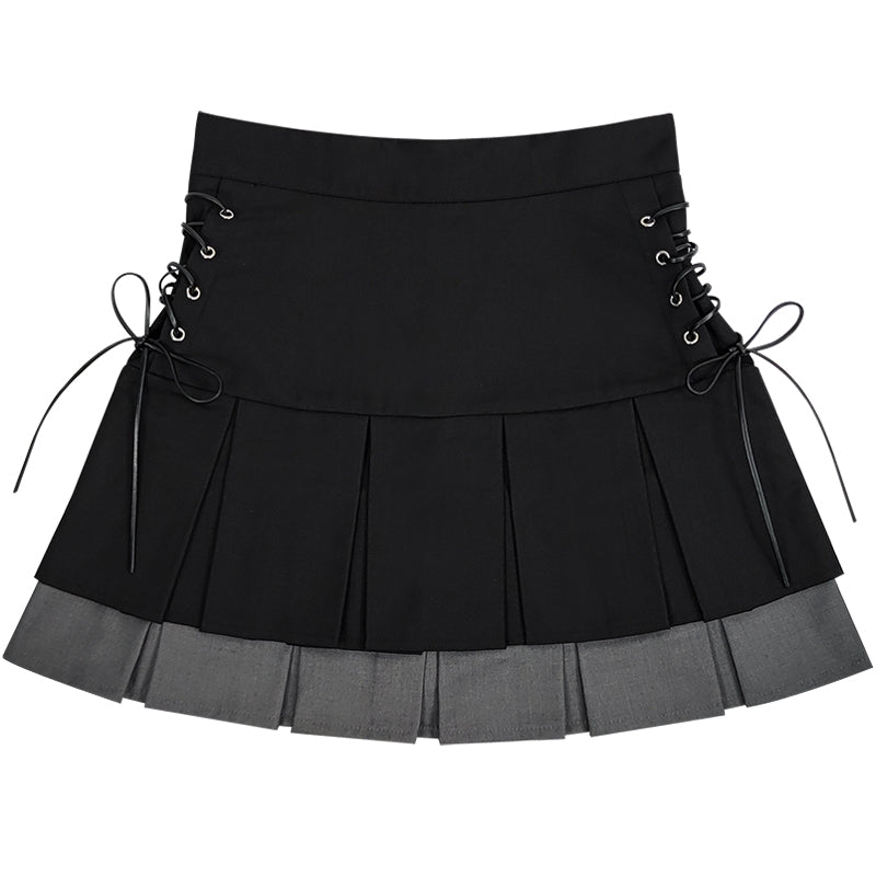 Double-Layer Colorblock Tie-Up Skirt