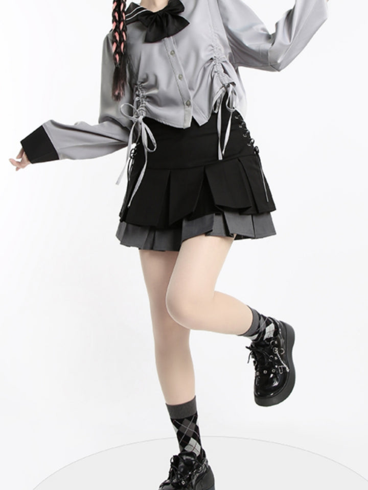 Double-Layer Colorblock Tie-Up Skirt