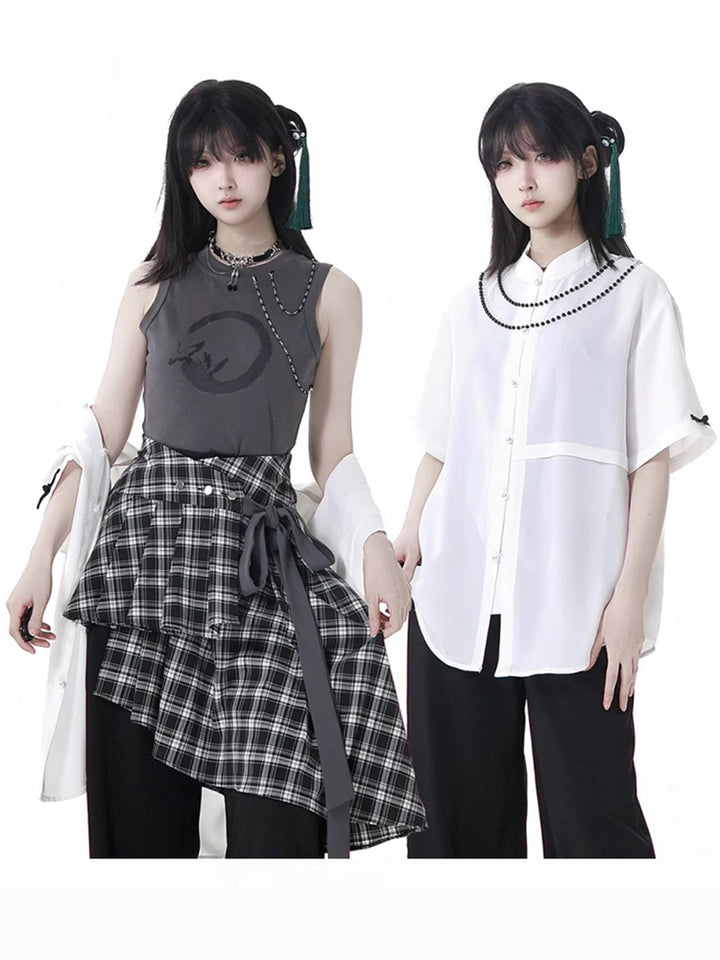 Chinese-Style Shirt Vest / Plaid Waist Cincher / Pants