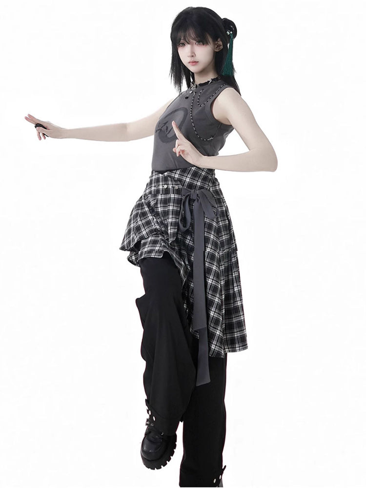 Chinese-Style Shirt Vest / Plaid Waist Cincher / Pants