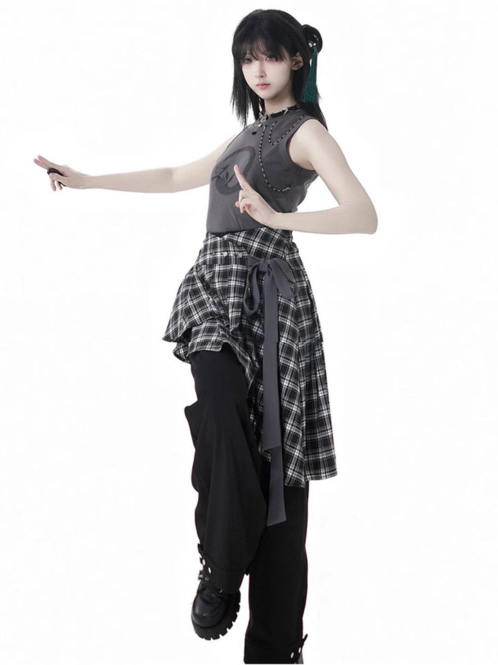 Chinese-Style Shirt Vest / Plaid Waist Cincher / Pants