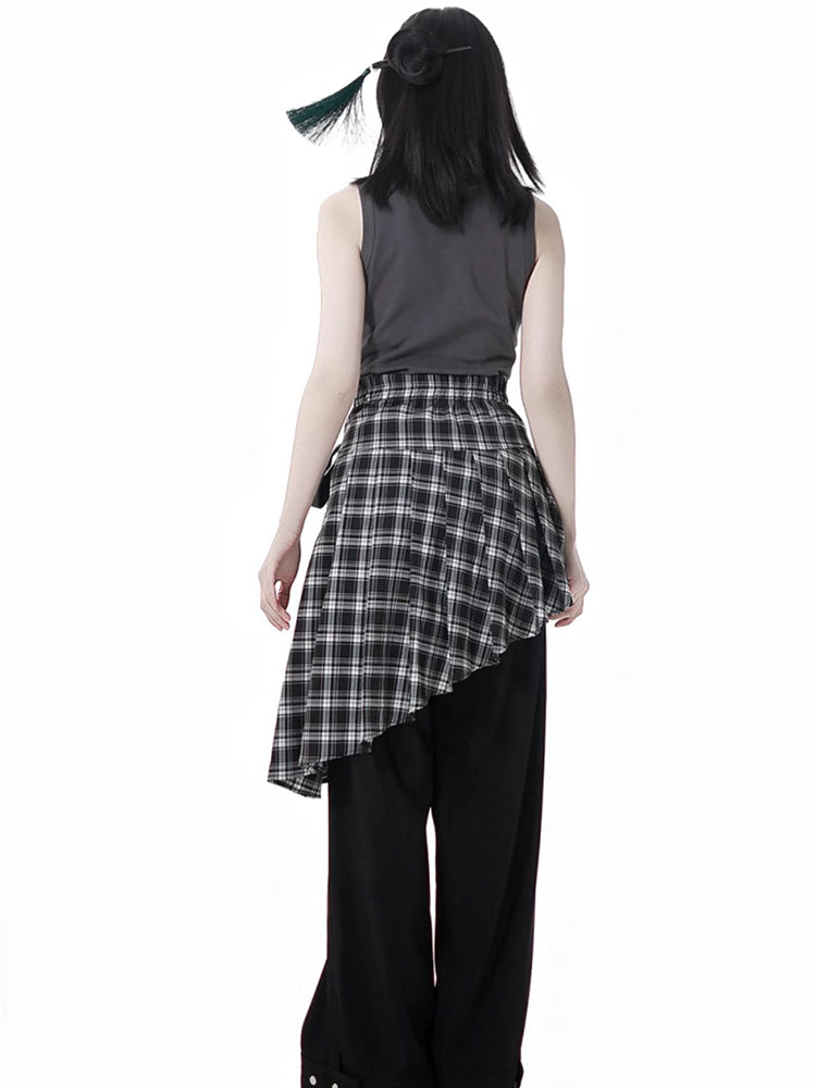 Chinese-Style Shirt Vest / Plaid Waist Cincher / Pants