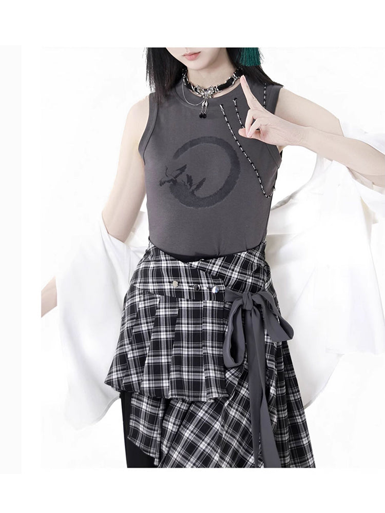 Chinese-Style Shirt Vest / Plaid Waist Cincher / Pants