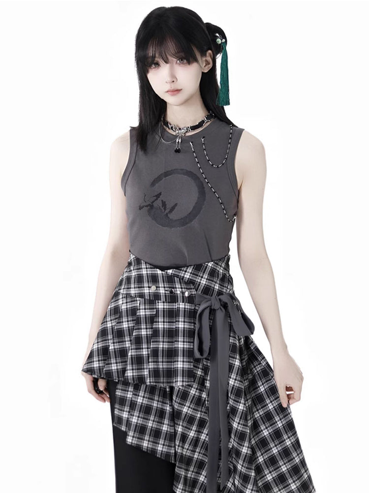Chinese-Style Shirt Vest / Plaid Waist Cincher / Pants