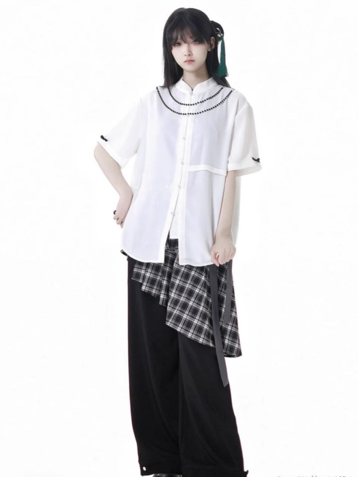 Chinese-Style Shirt Vest / Plaid Waist Cincher / Pants