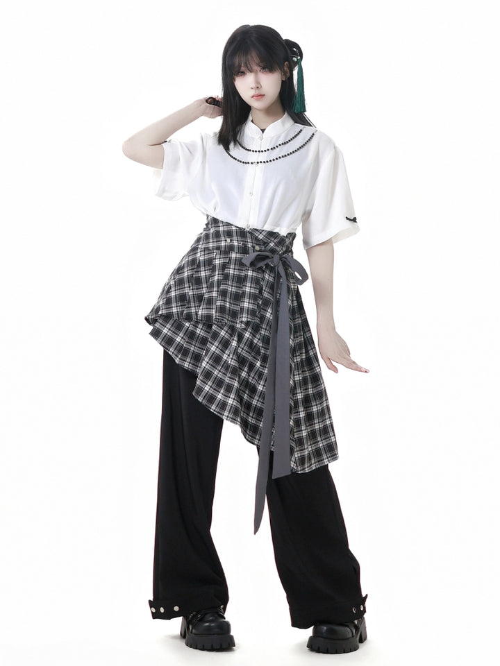Chinese-Style Shirt Vest / Plaid Waist Cincher / Pants