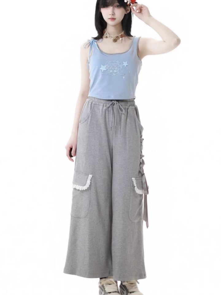 Cute Blue Camisole/White Over Blouse Top/Gray Wide-Leg Pants