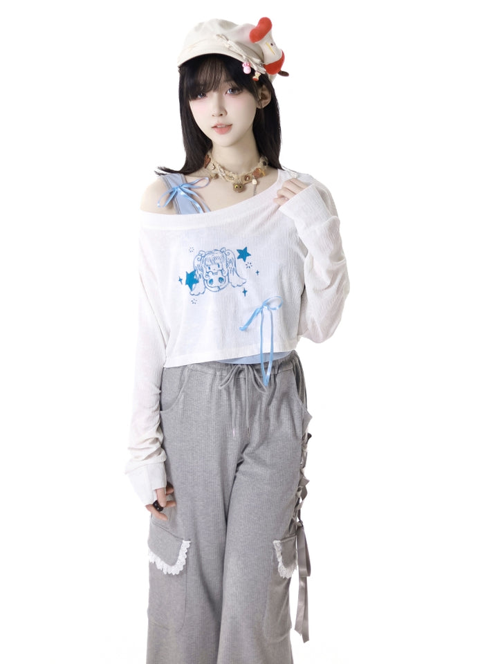 Cute Blue Camisole/White Over Blouse Top/Gray Wide-Leg Pants