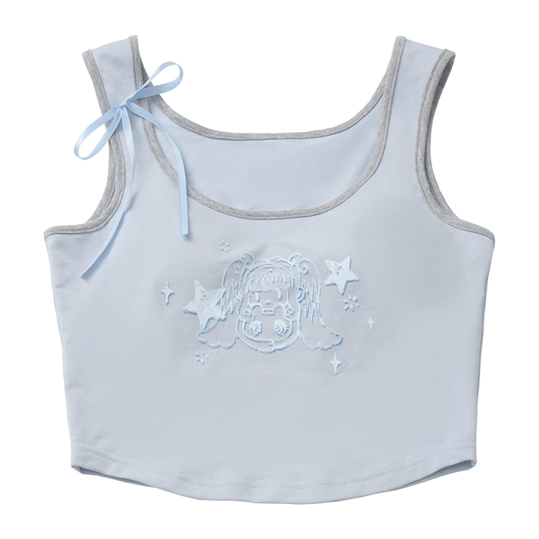Cute Blue Camisole/White Over Blouse Top/Gray Wide-Leg Pants