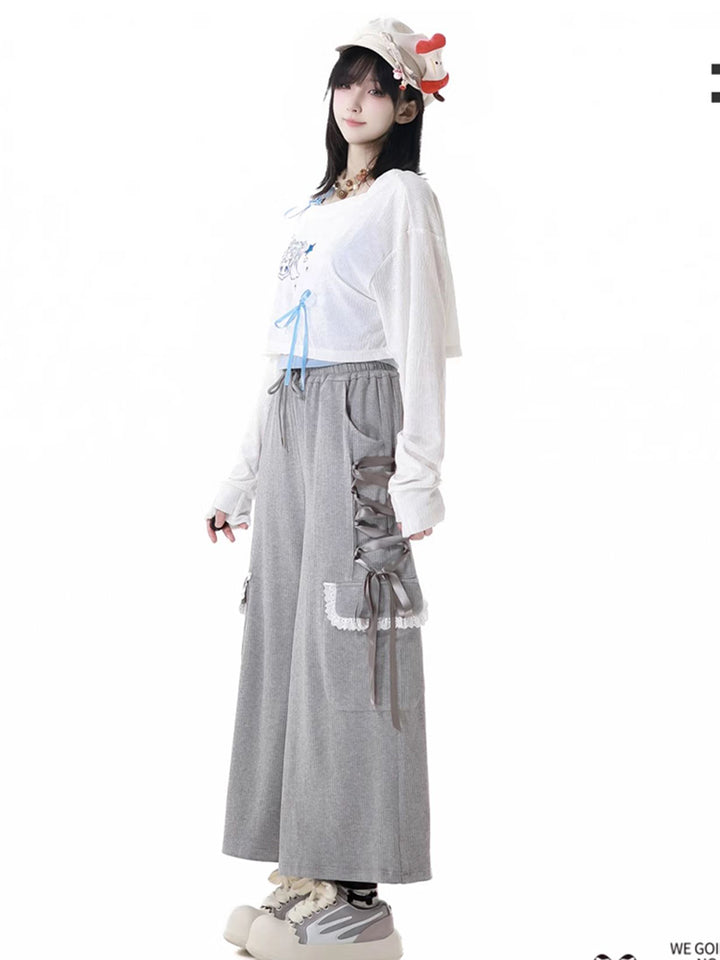 Cute Blue Camisole/White Over Blouse Top/Gray Wide-Leg Pants