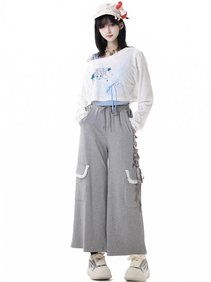 Cute Blue Camisole/White Over Blouse Top/Gray Wide-Leg Pants