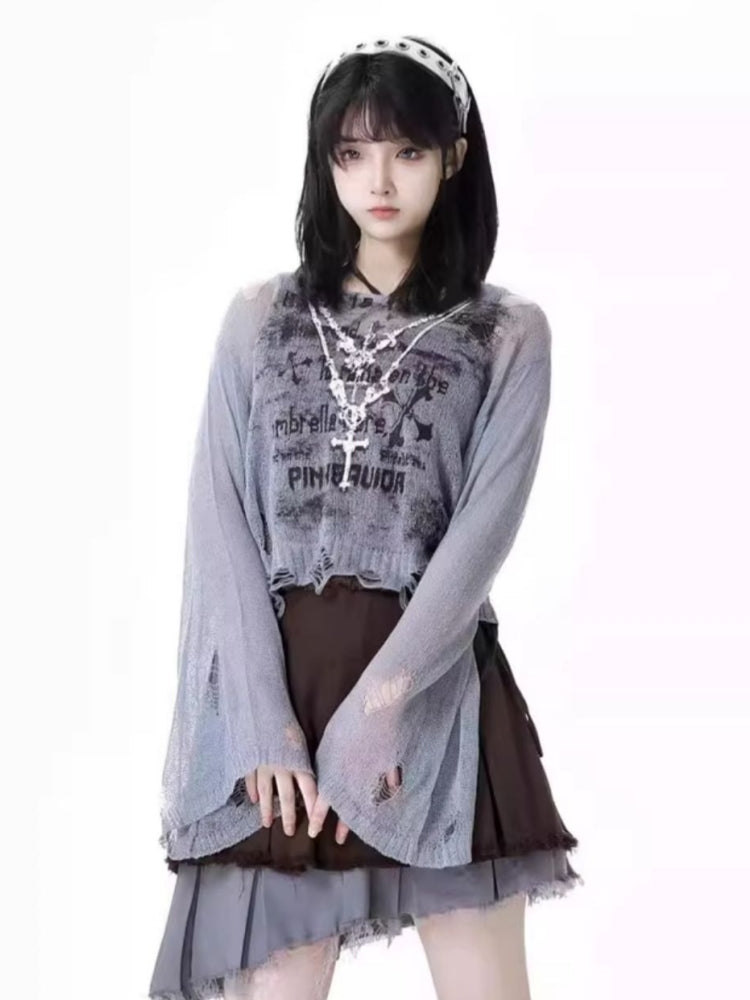 Summer Gray Crop Top / plaid Vest / skirt