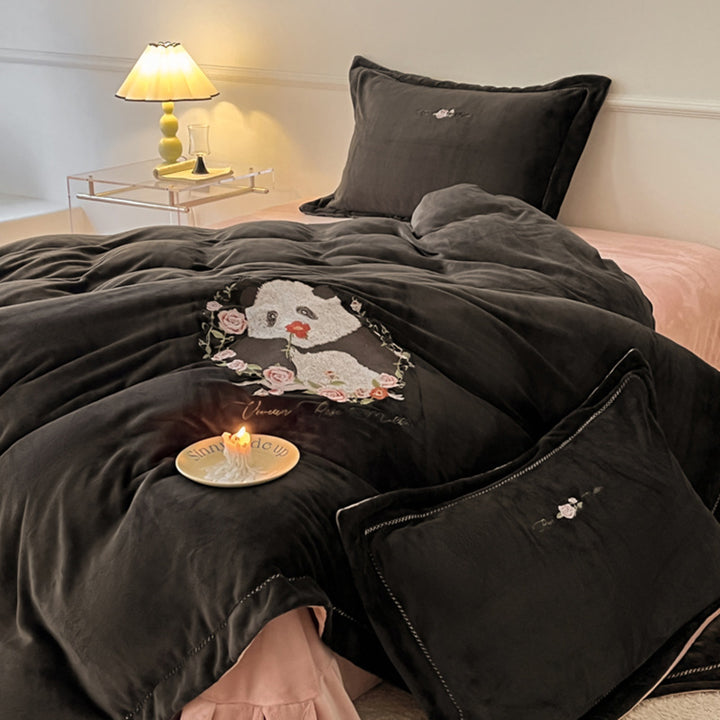Panda and Floral Embroidered Bedding Set