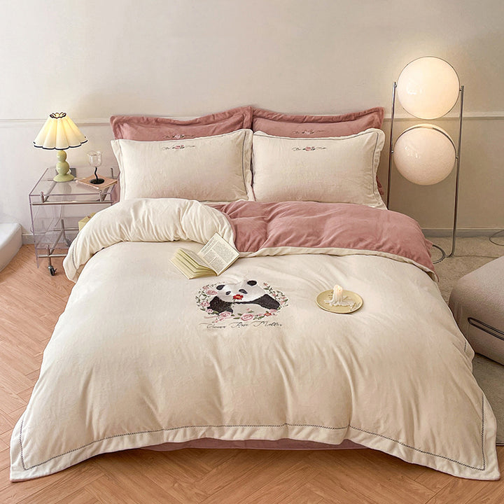 Panda and Floral Embroidered Bedding Set