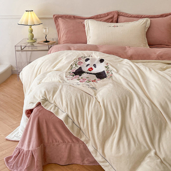 Panda and Floral Embroidered Bedding Set