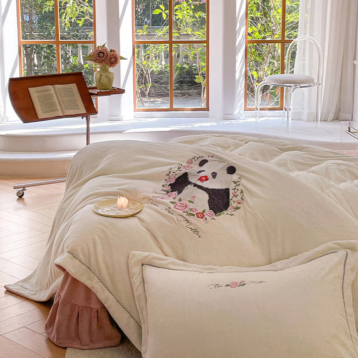 Panda and Floral Embroidered Bedding Set
