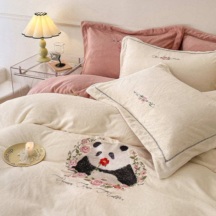 Panda and Floral Embroidered Bedding Set