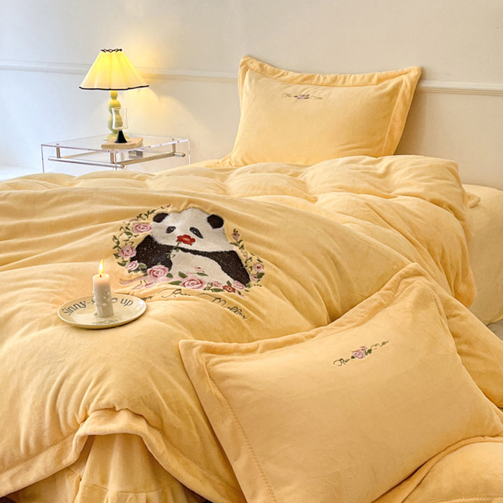 Panda and Floral Embroidered Bedding Set