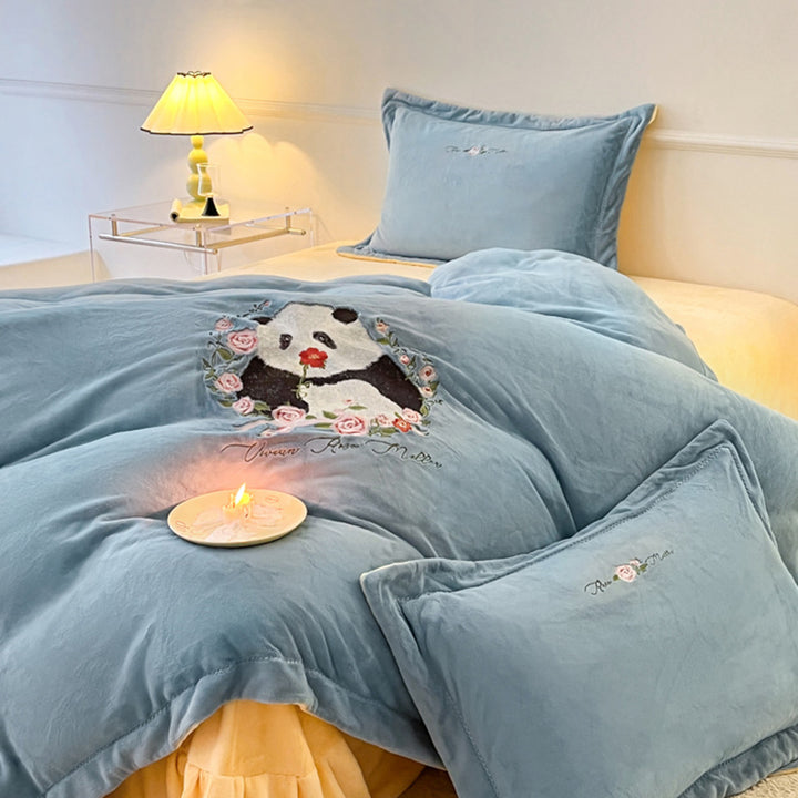 Panda and Floral Embroidered Bedding Set