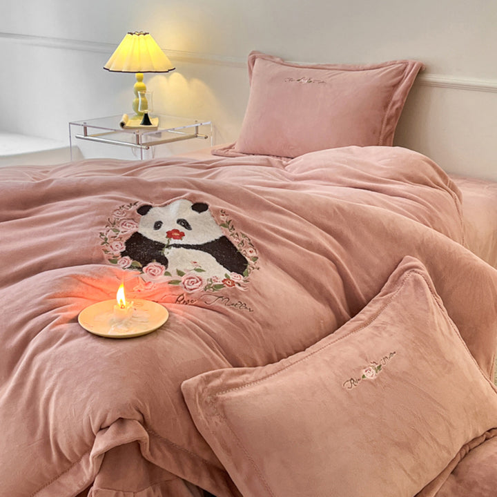 Panda and Floral Embroidered Bedding Set
