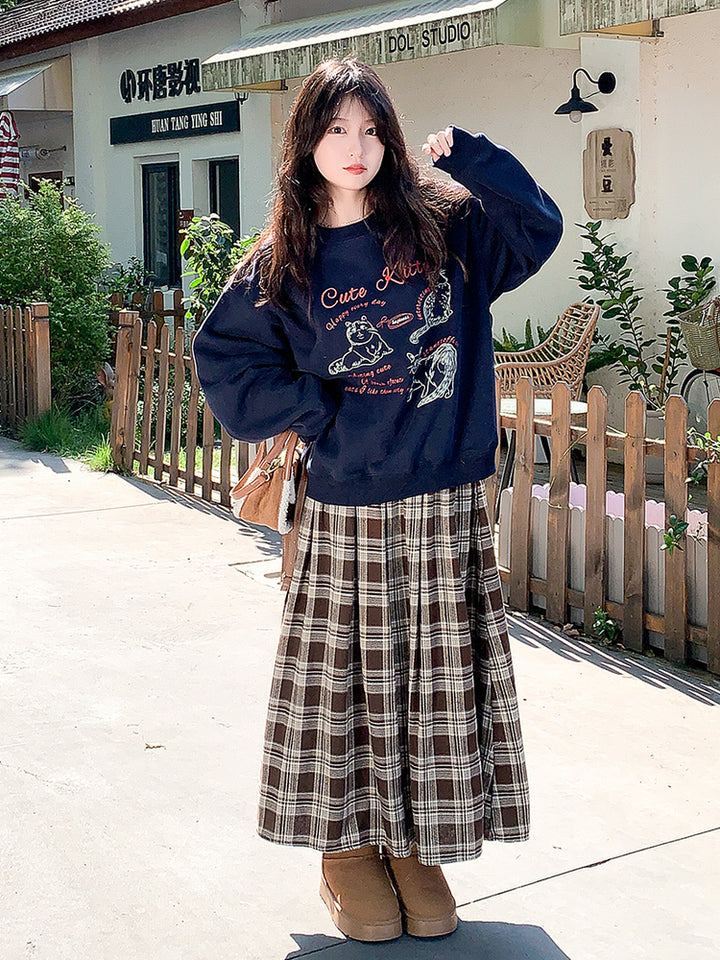 Kawaii Cat Print Crewneck Sweatshirt