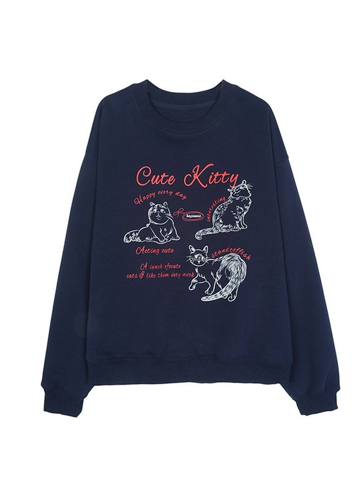 Kawaii Cat Print Crewneck Sweatshirt