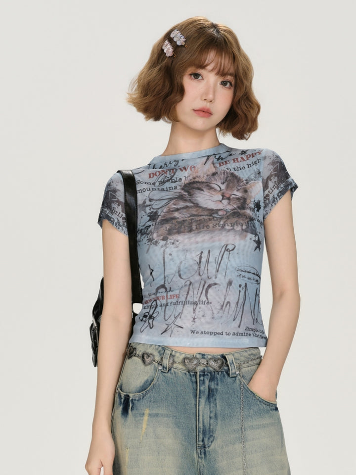 Kawaii Cat Print T-shirt