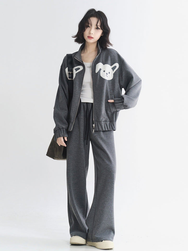 Kawaii Embroidered Dark Gray Hoodie Set