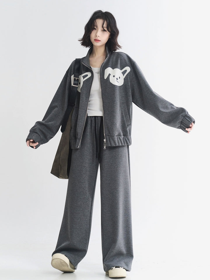 Kawaii Embroidered Dark Gray Hoodie Set