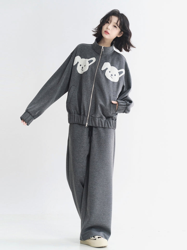 Kawaii Embroidered Dark Gray Hoodie Set