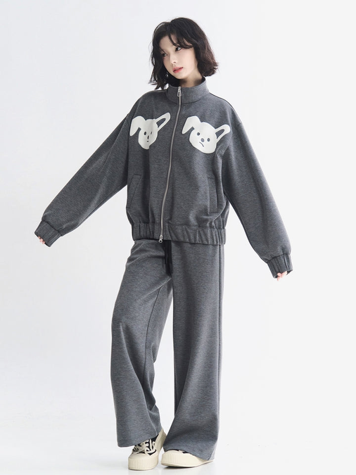 Kawaii Embroidered Dark Gray Hoodie Set