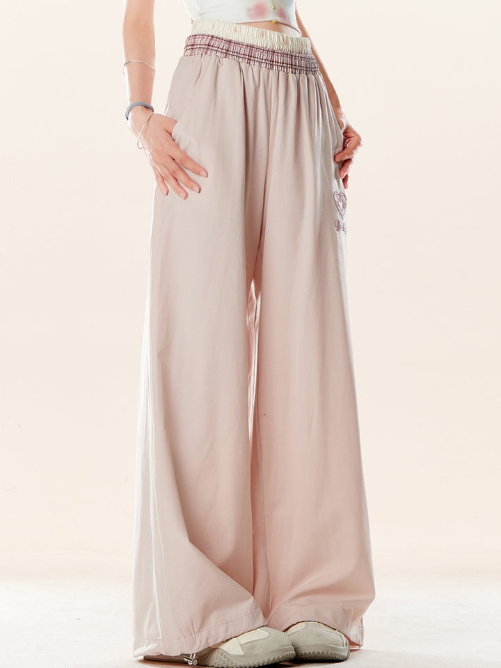 Kawaii Heart Embroidery Pants - Wide-Leg Trousers